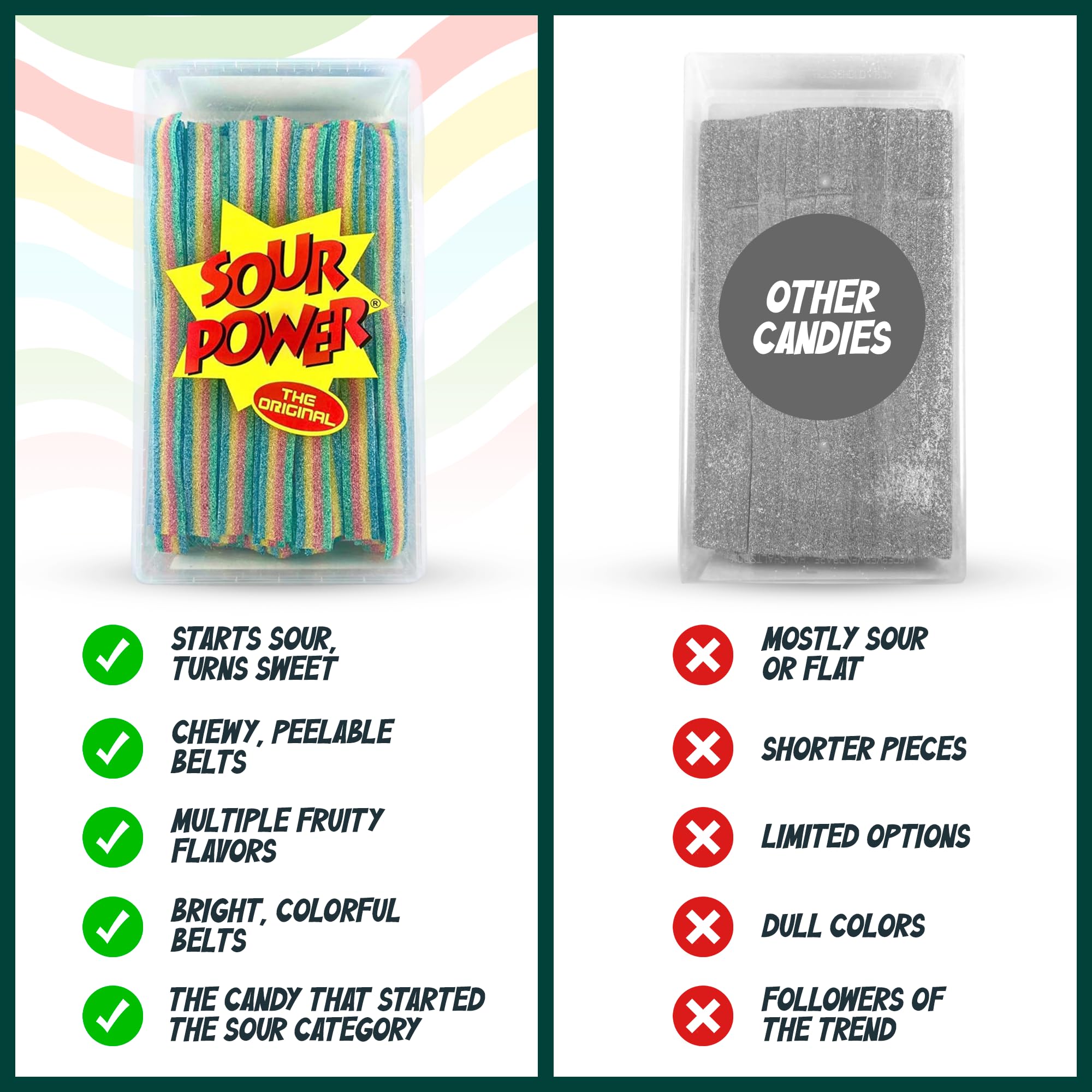 Sour Power cinta en mano para comparar tamaño y grosor realístico