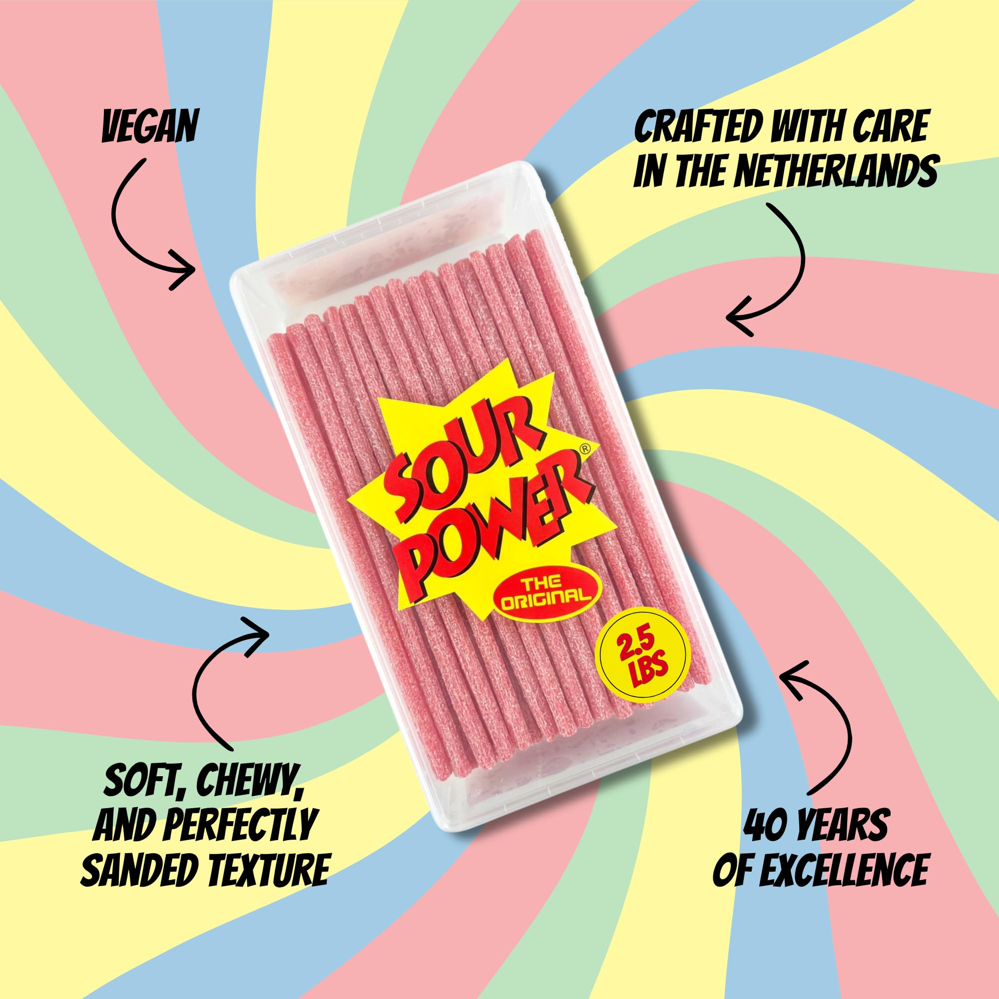 Sour Power etiqueta del producto mostrando ingredientes veganos y sin gelatina