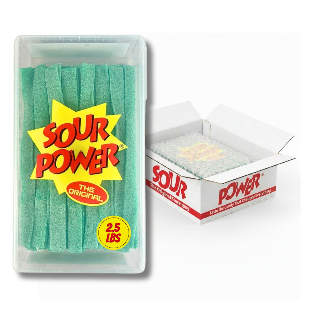 Sour Power tubo frontal mostrando 2.5 lb y cierre resellable para conservación