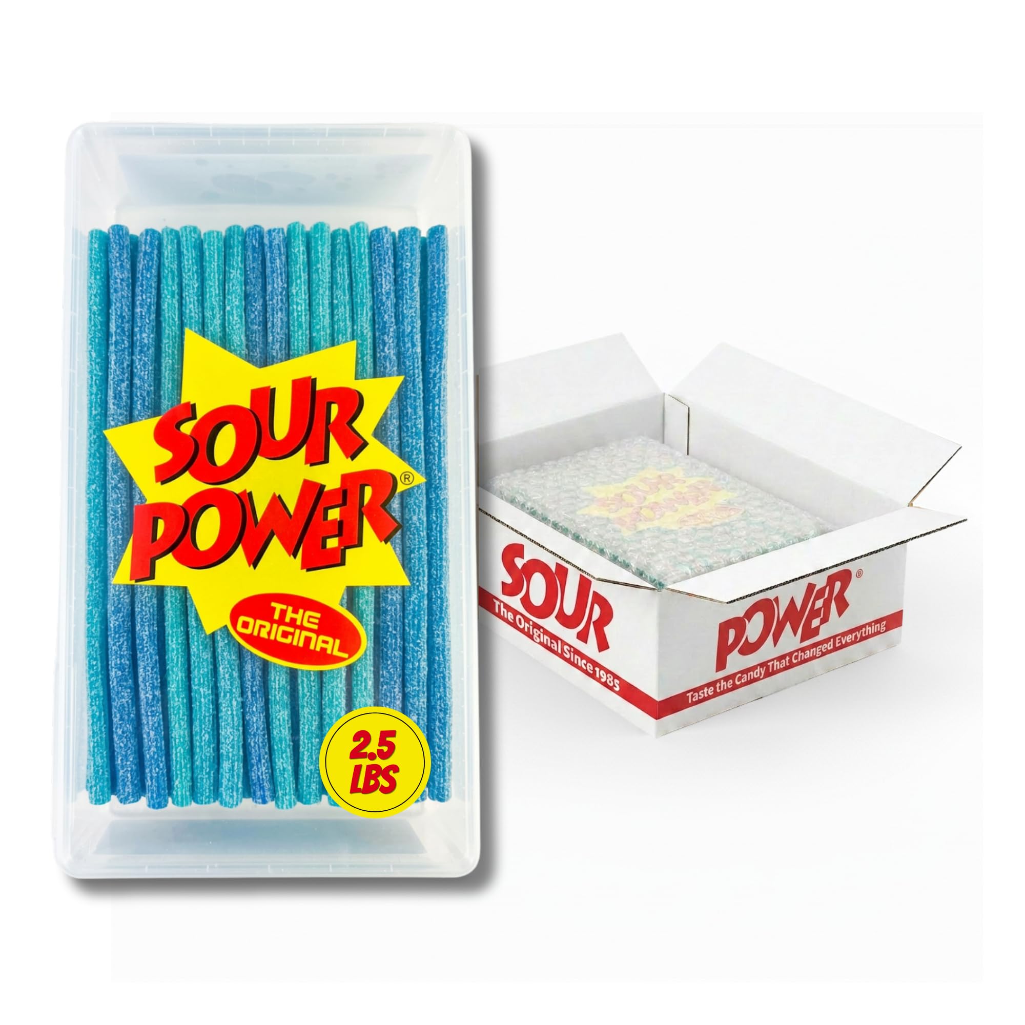 Sour Power vista frontal del tubo, presentación para fiestas