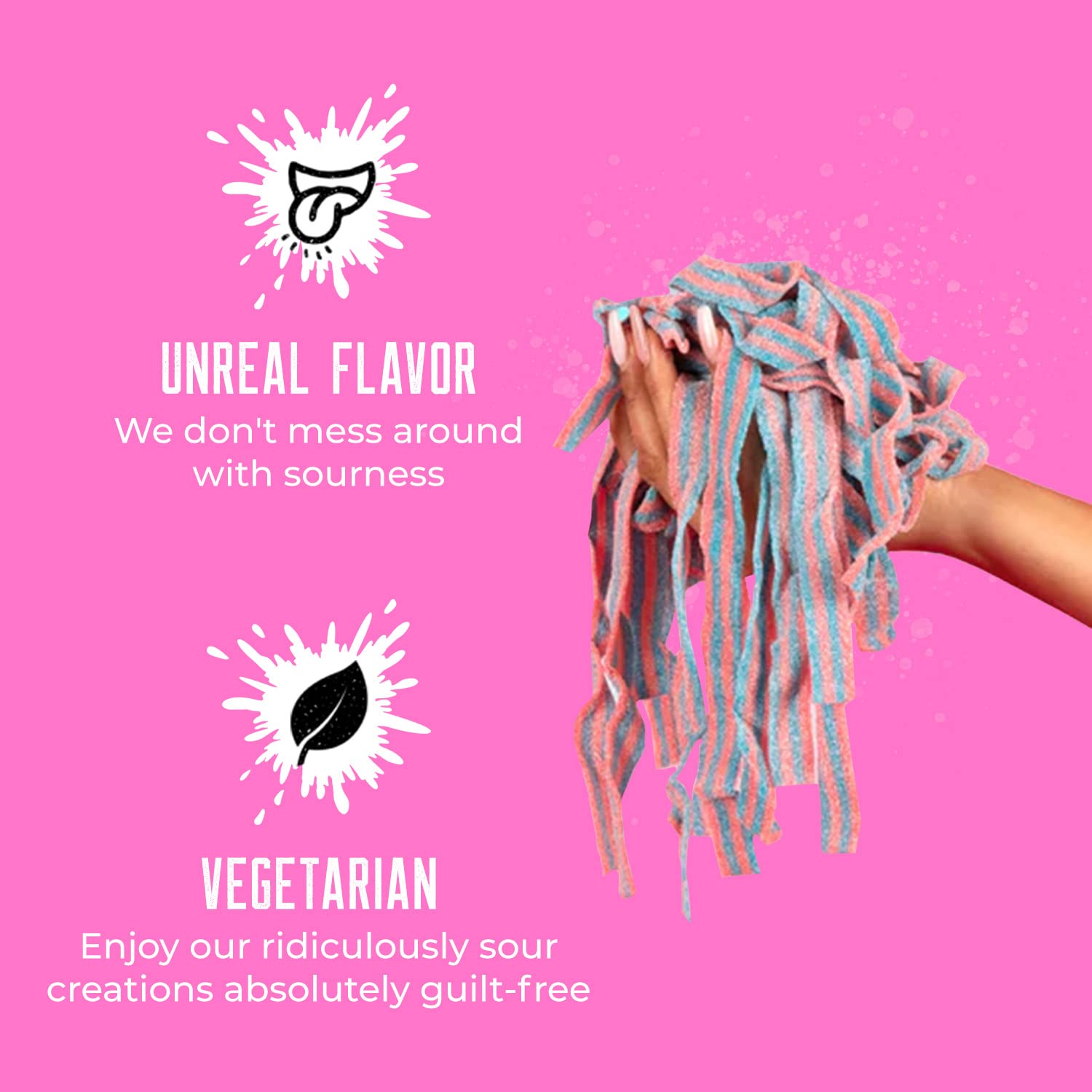 SOUR STRIPS cinta en mano lista para comer, resalta masticabilidad y sabor