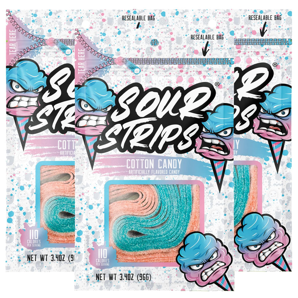 SOUR STRIPS empaque frontal mostrando bolsas resellables y diseño llamativo