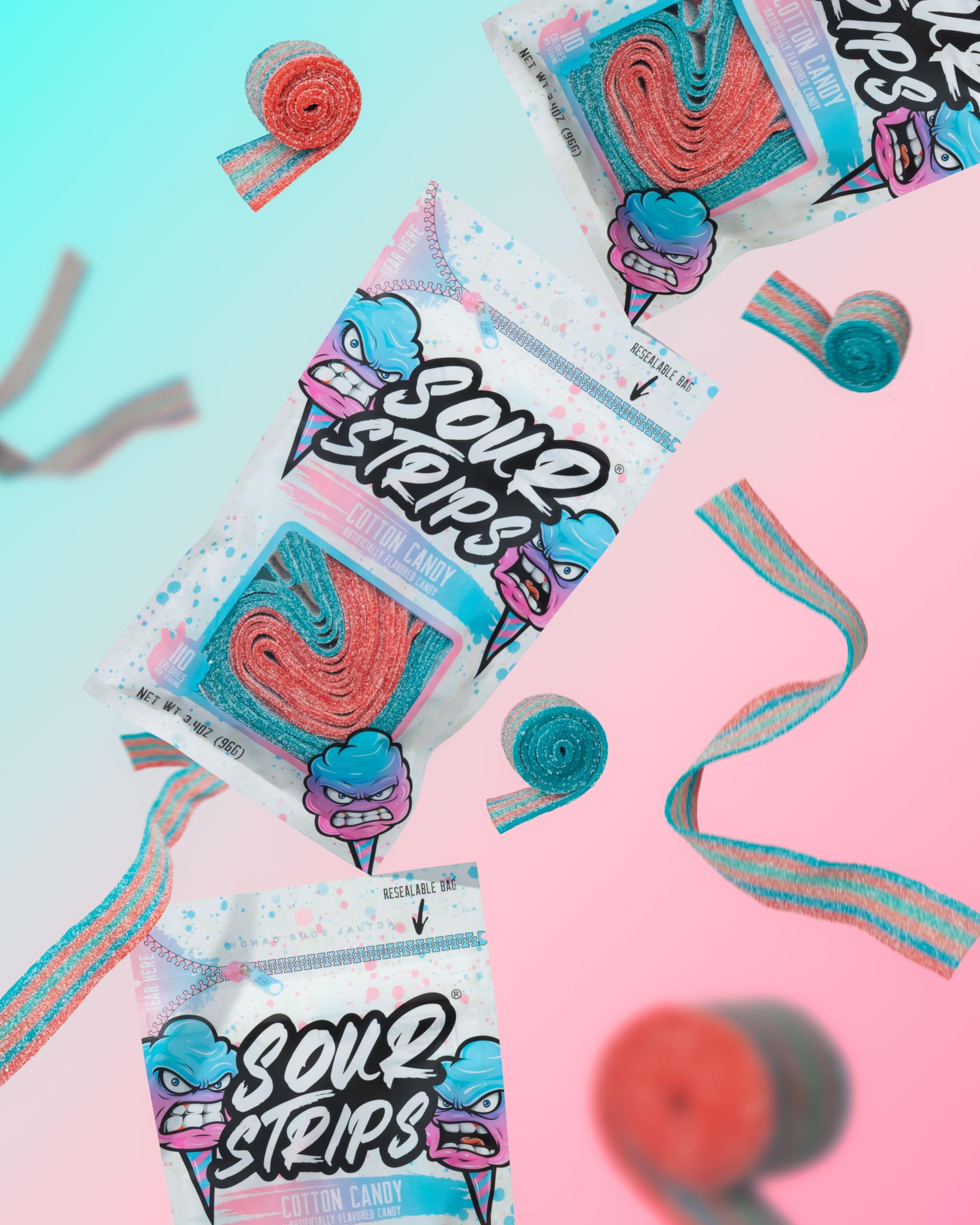 SOUR STRIPS comparación de tamaño junto a una mano para referencia de porción