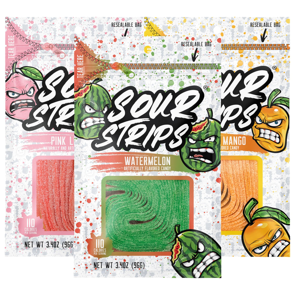 SOUR STRIPS vista frontal del paquete tropical en bolsa reclosable para llevar