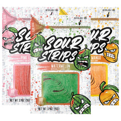 SOUR STRIPS vista frontal del paquete tropical en bolsa reclosable para llevar