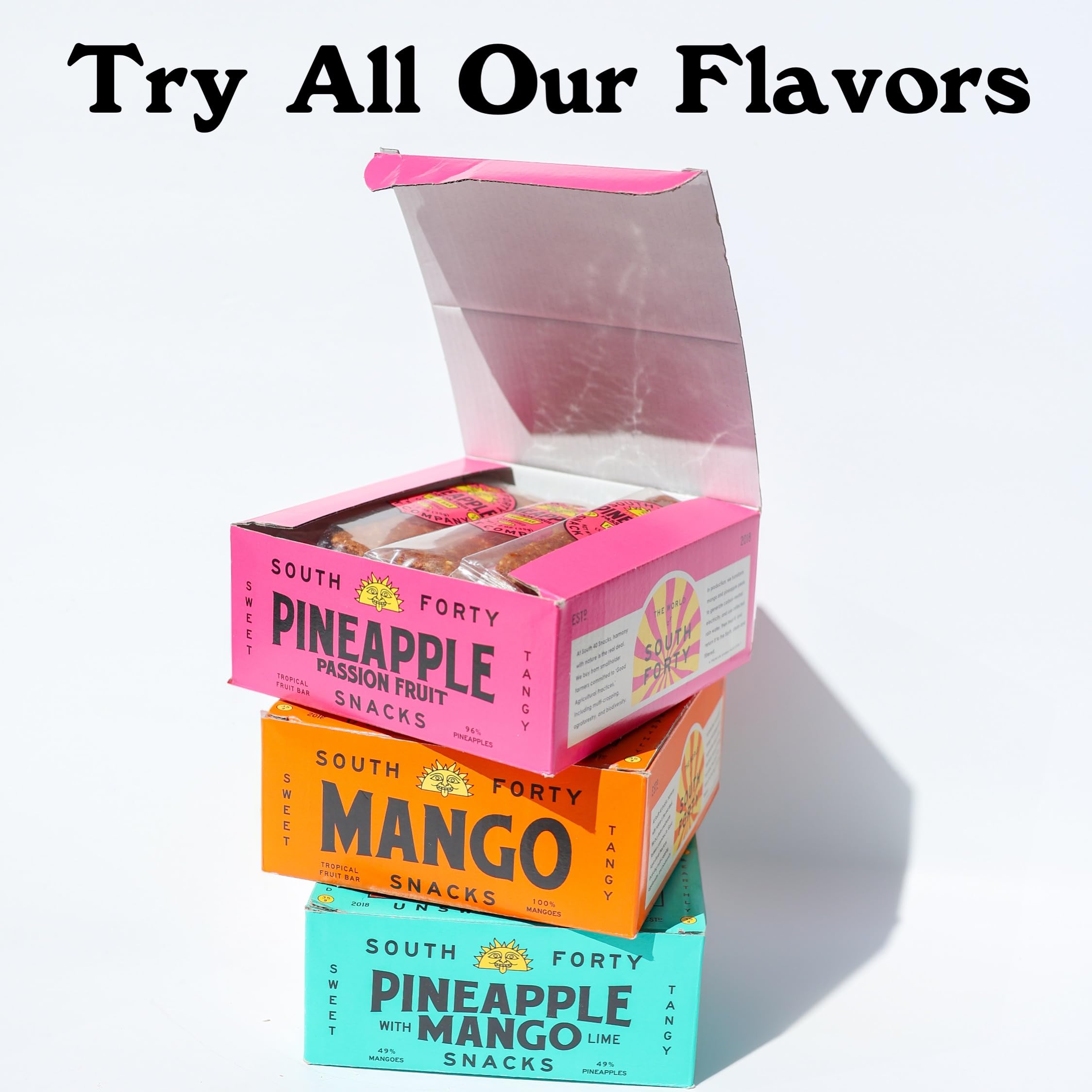 South 40 Snacks etiqueta con sellos Non-GMO, Gluten Free, Vegan, Kosher