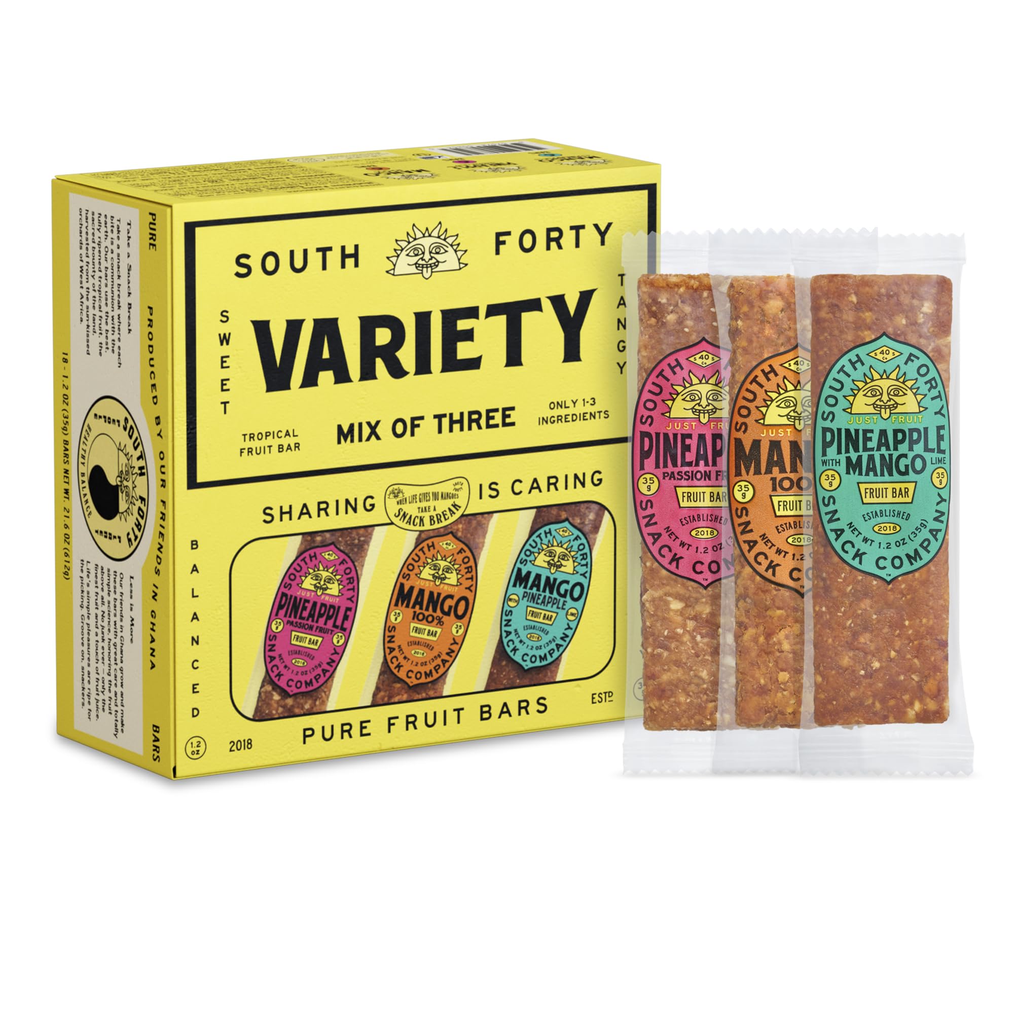 South 40 Snacks vista frontal del pack que muestra 18 barras y variedad