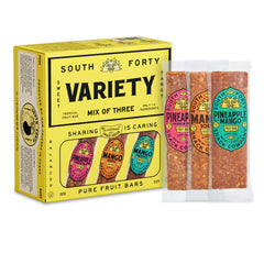 South 40 Snacks vista frontal del pack que muestra 18 barras y variedad