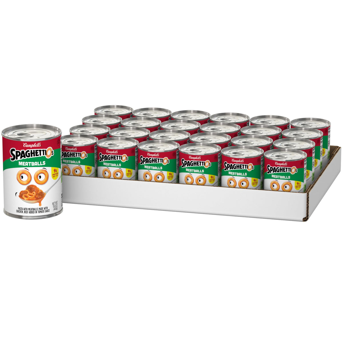 SpaghettiOs imagen frontal de lata mostrando marca y tamaño, conveniencia inmediata