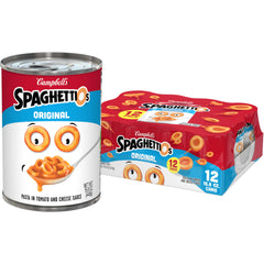 SpaghettiOs lata frontal mostrando diseño y tamaño práctico