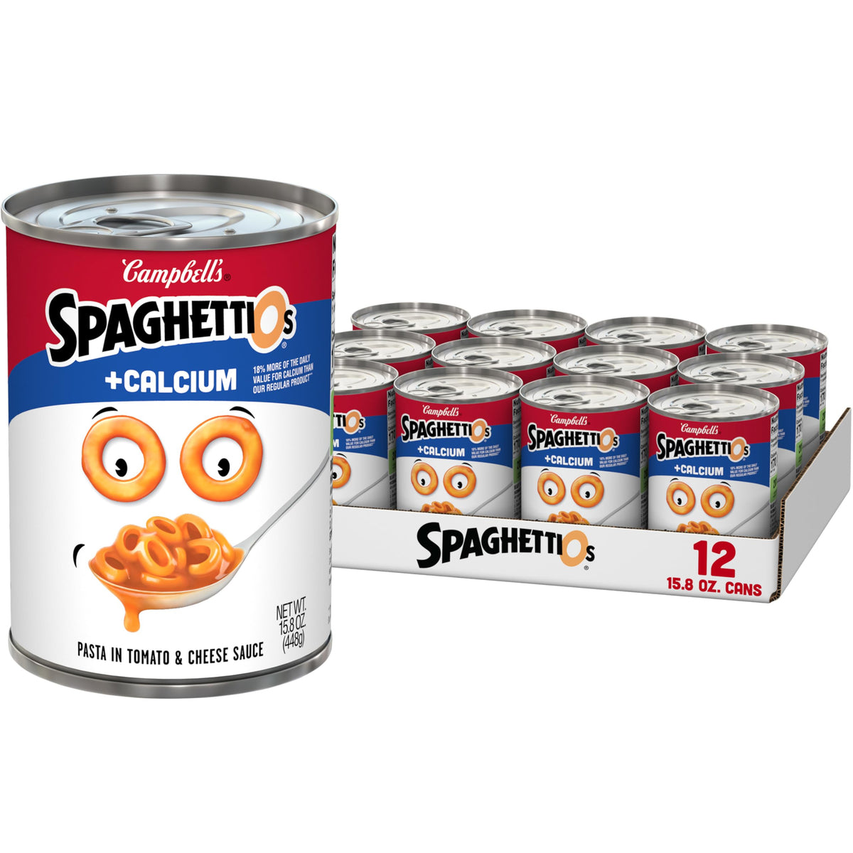 SpaghettiOs lata frontal mostrando diseño y cantidad paquete con conveniencia