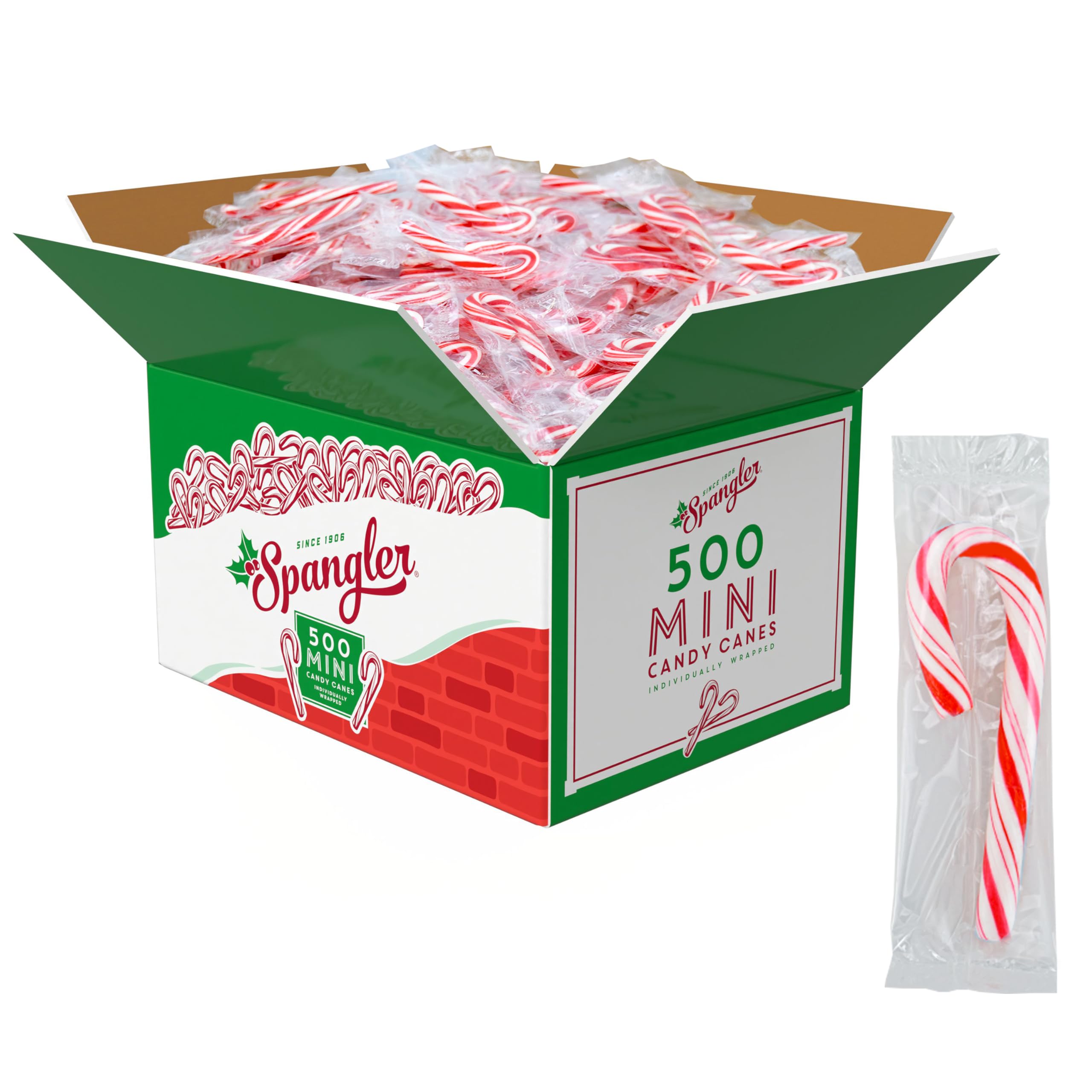Spangler caja frontal con 500 bastoncitos mostrando cantidad y embalaje práctico