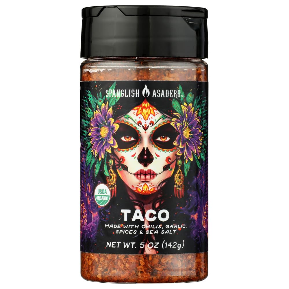 Spanglish envase frontal del taco seasoning mostrando el sello orgánico y tamaño 5 OZ