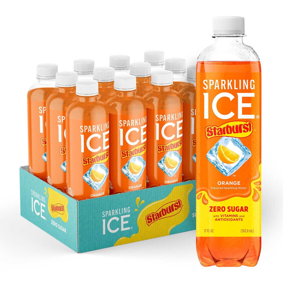 Sparkling Ice botella frontal mostrando etiqueta y burbujas, refresca sin azúcar
