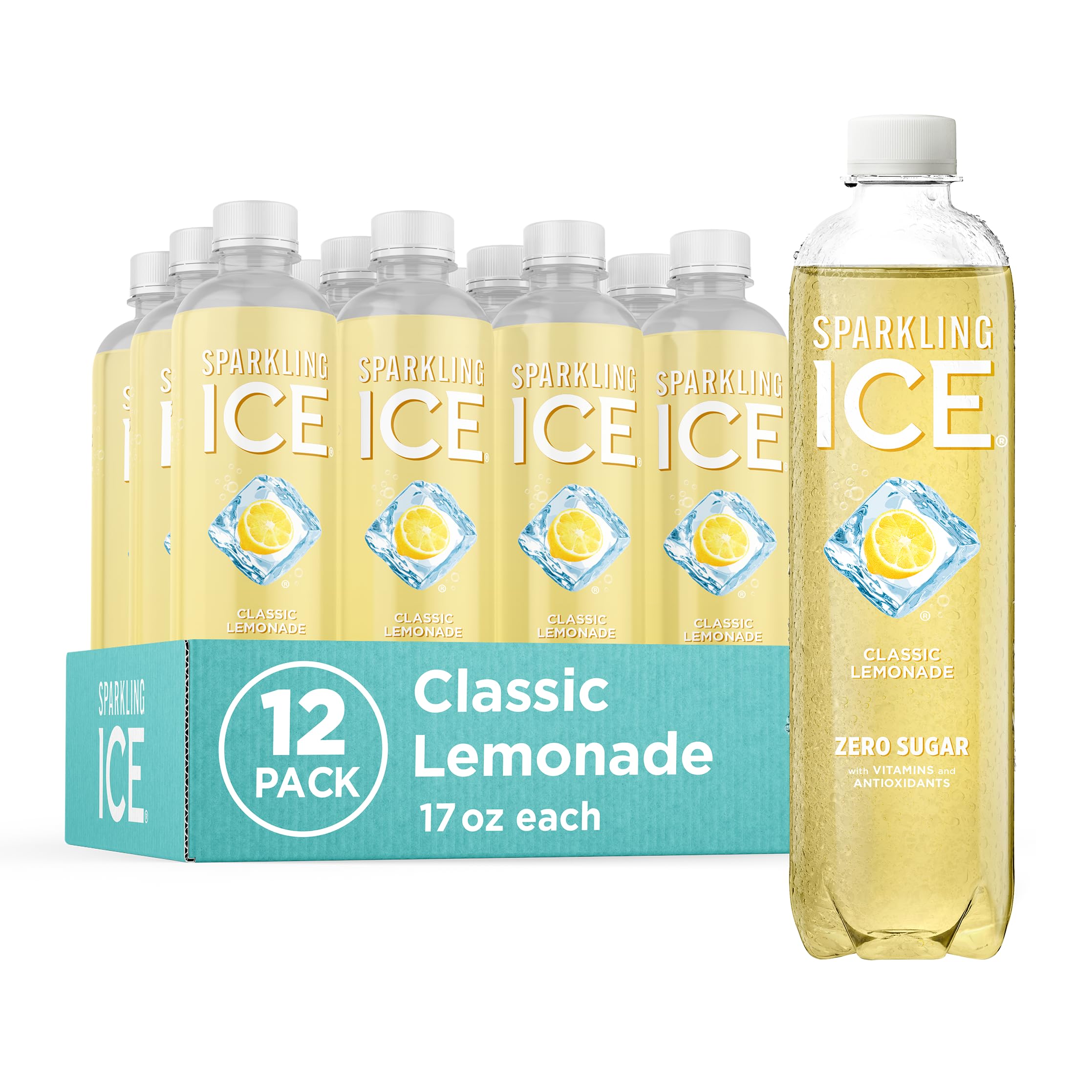 Sparkling Ice botella frontal mostrando etiqueta y sabor clásico limonada, fresca y sin azúcar