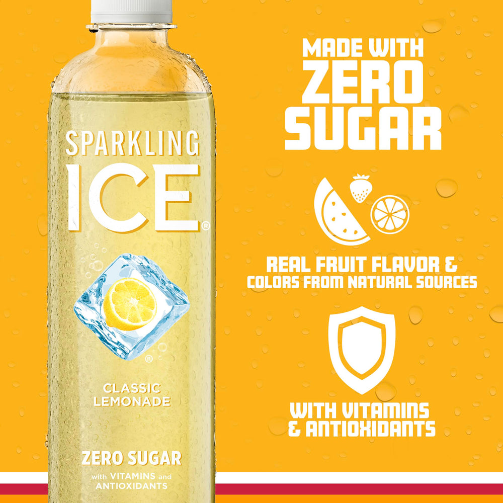 Sparkling Ice botella sostenida en mano para comparar tamaño 17 fl oz, cómodo y portátil