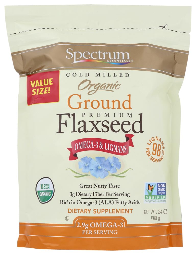 Spectrum linaza molida frente del empaque mostrando etiqueta y tamaño de 24 oz, conserva frescura