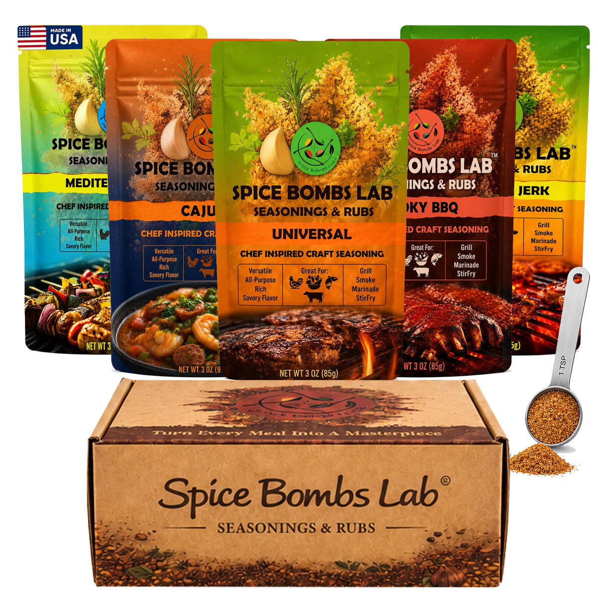Spice Bombs Lab caja frontal mostrando los cinco sabores para versatilidad