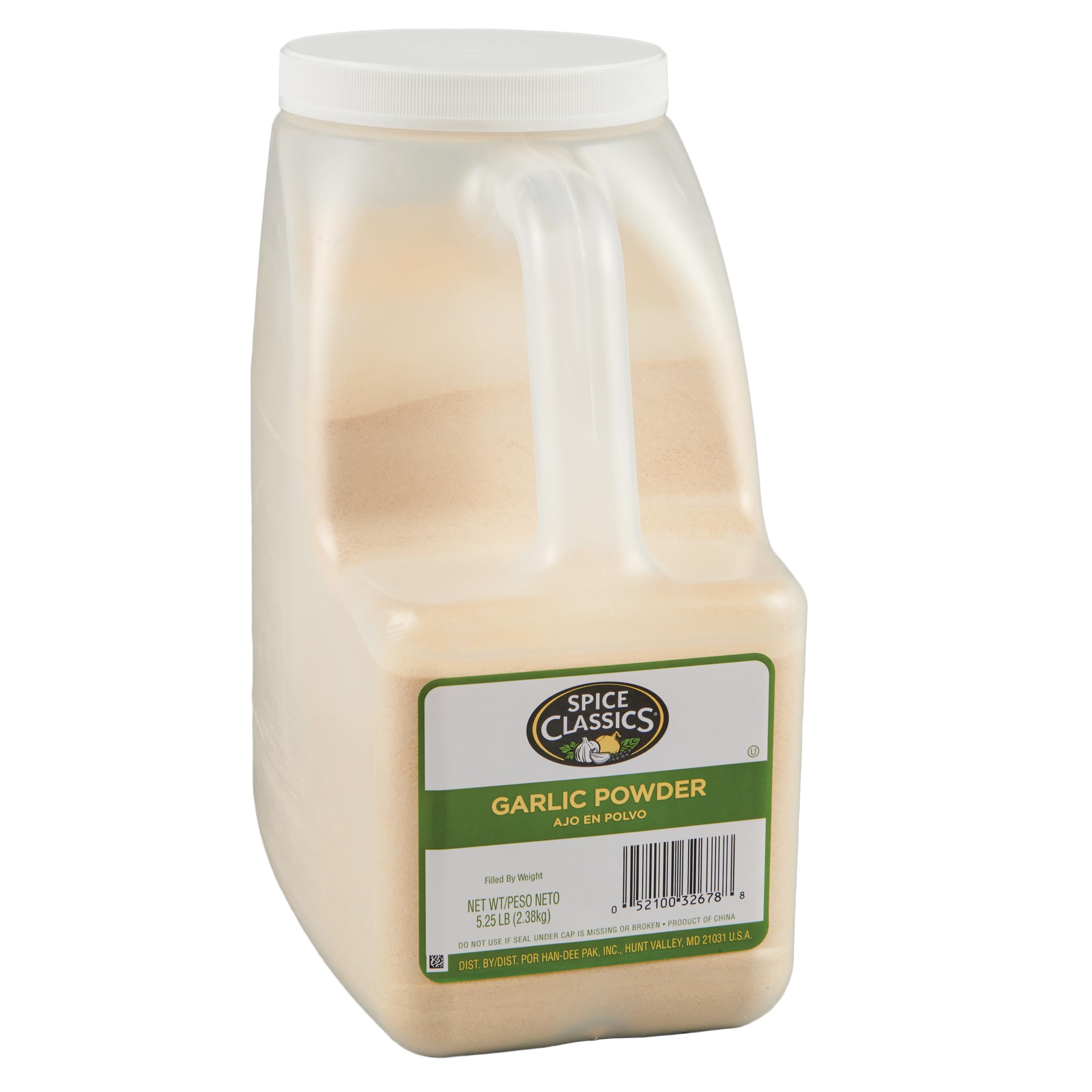 Spice Classics envase frontal de ajo en polvo muestra tamaño y marca