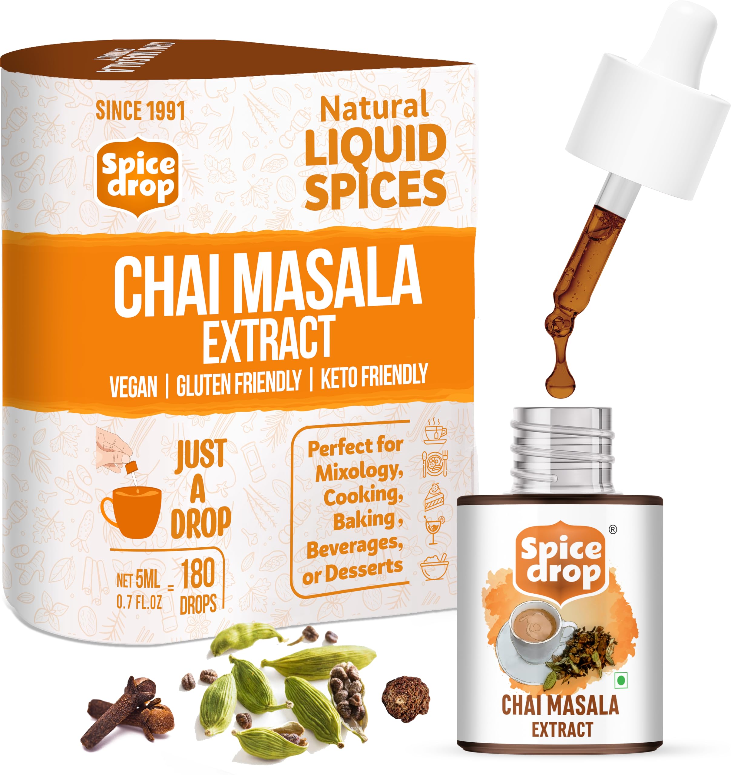 Spice Drop frasco frontal del extracto chai muestra diseño y tamaño práctico