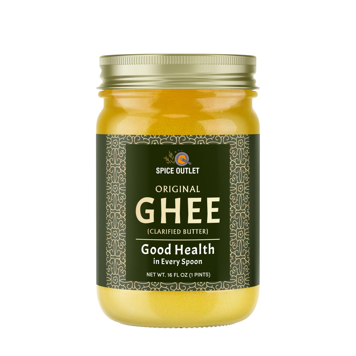 SPICE OUTLET frasco frontal mostrando ghee puro, práctico y protegido