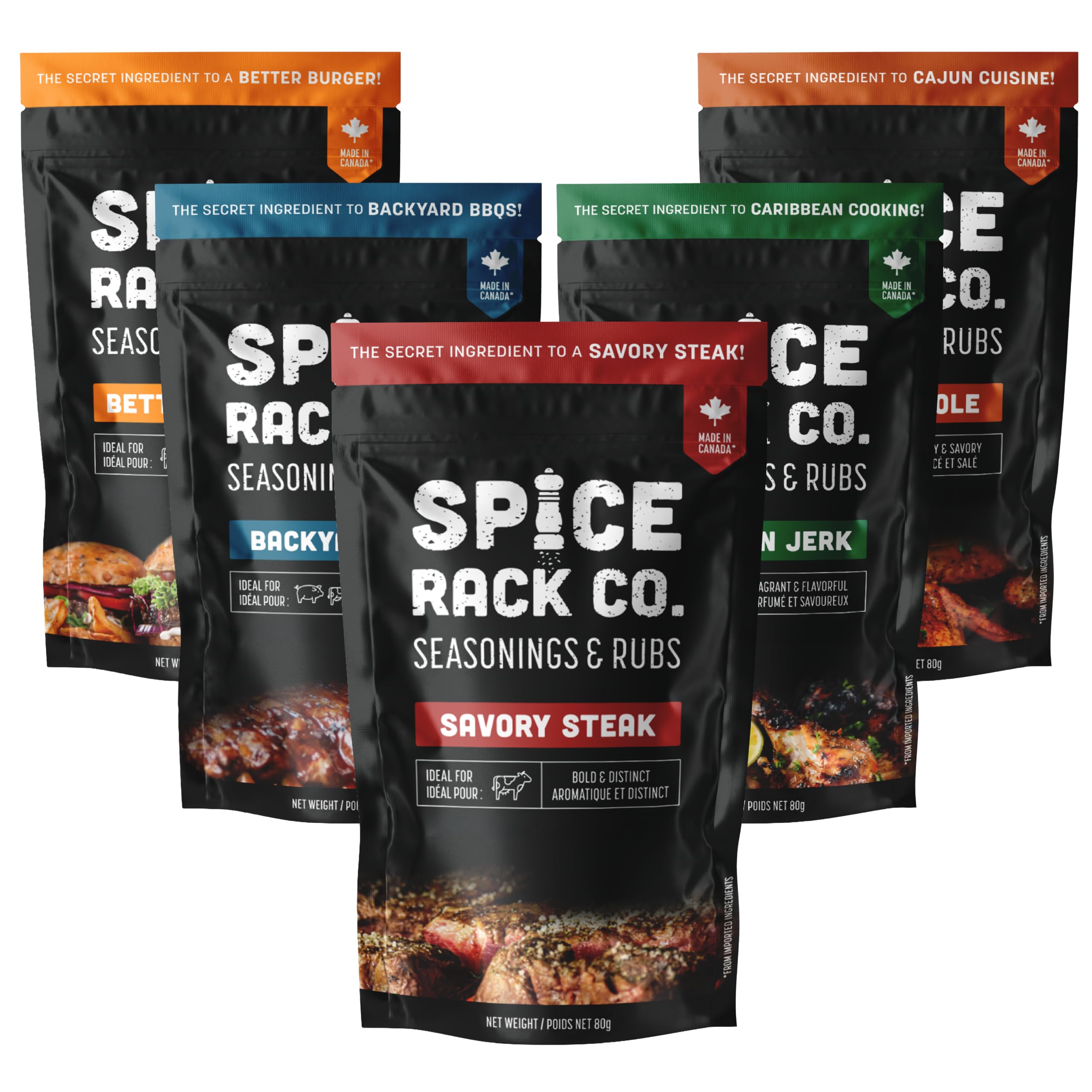 Spice Rack Co. frontal del pack mostrando los cinco frascos y variedad