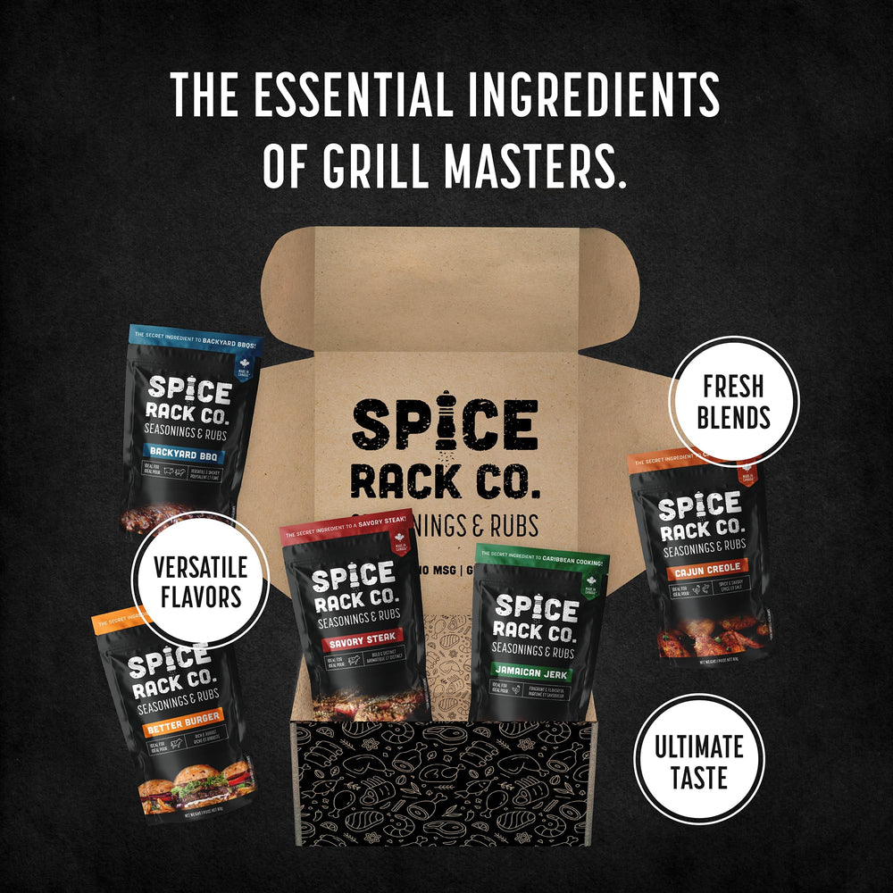 Spice Rack Co. etiqueta legible con nombres de mezclas y beneficios