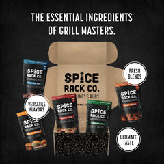 Spice Rack Co. etiqueta legible con nombres de mezclas y beneficios