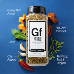 Spiceology Greek Freak detalle de ingredientes como cáscara de naranja y tomate deshidratado