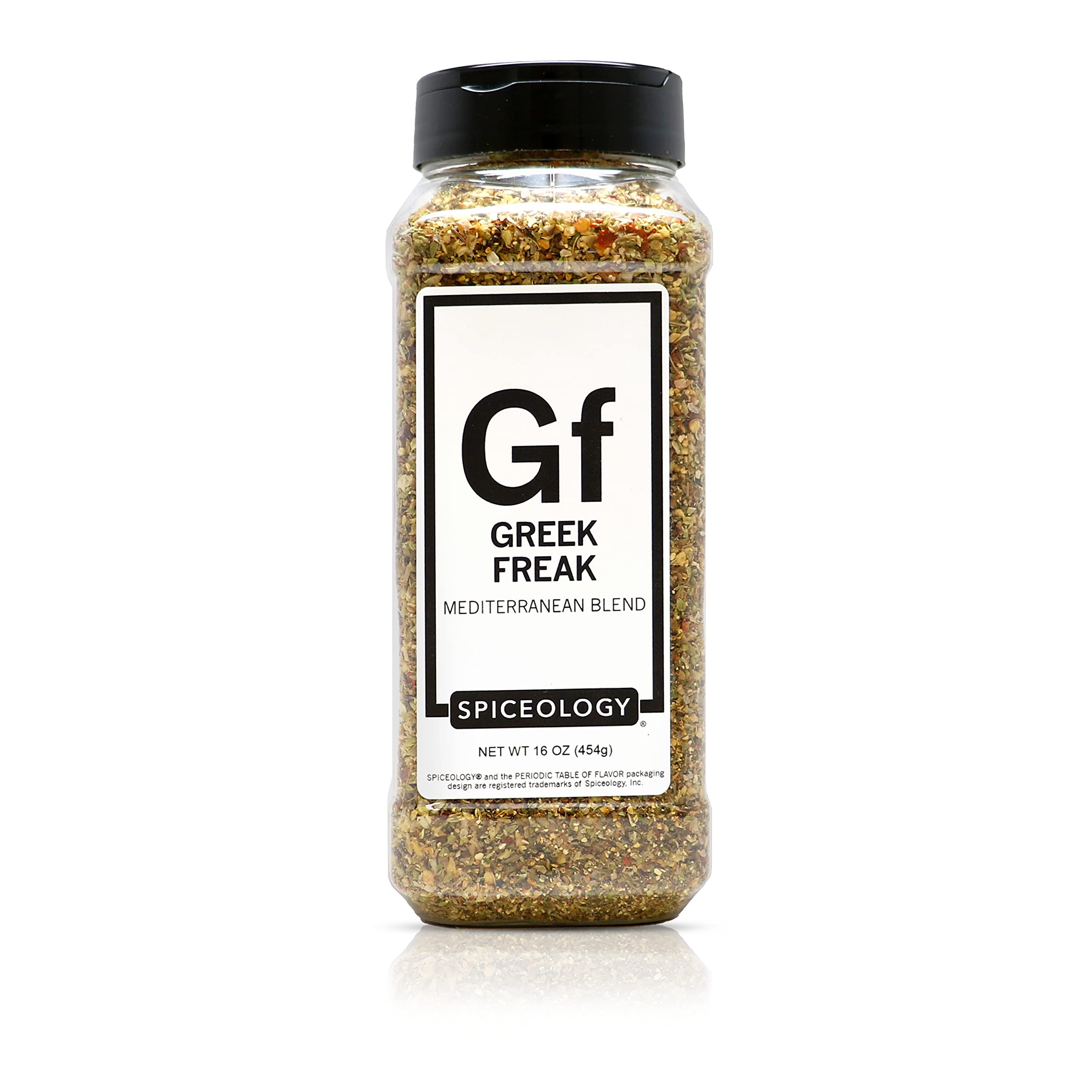 Spiceology Greek Freak frente del envase mostrando tamaño generoso y uso diario