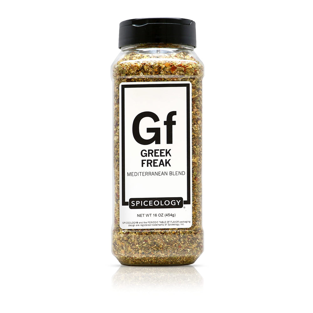 Spiceology Greek Freak frente del envase mostrando tamaño generoso y uso diario