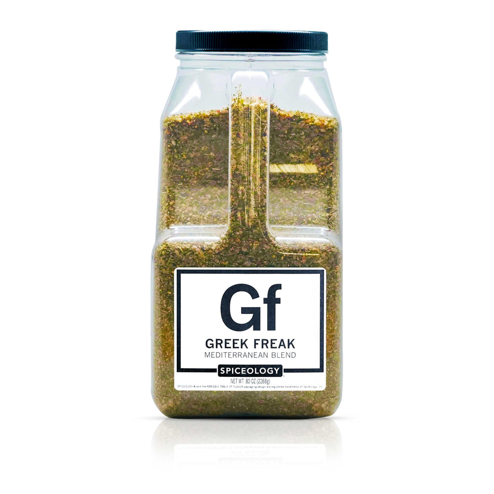 Spiceology Greek Freak frente del envase mostrando tamaño y etiqueta con sabor mediterráneo