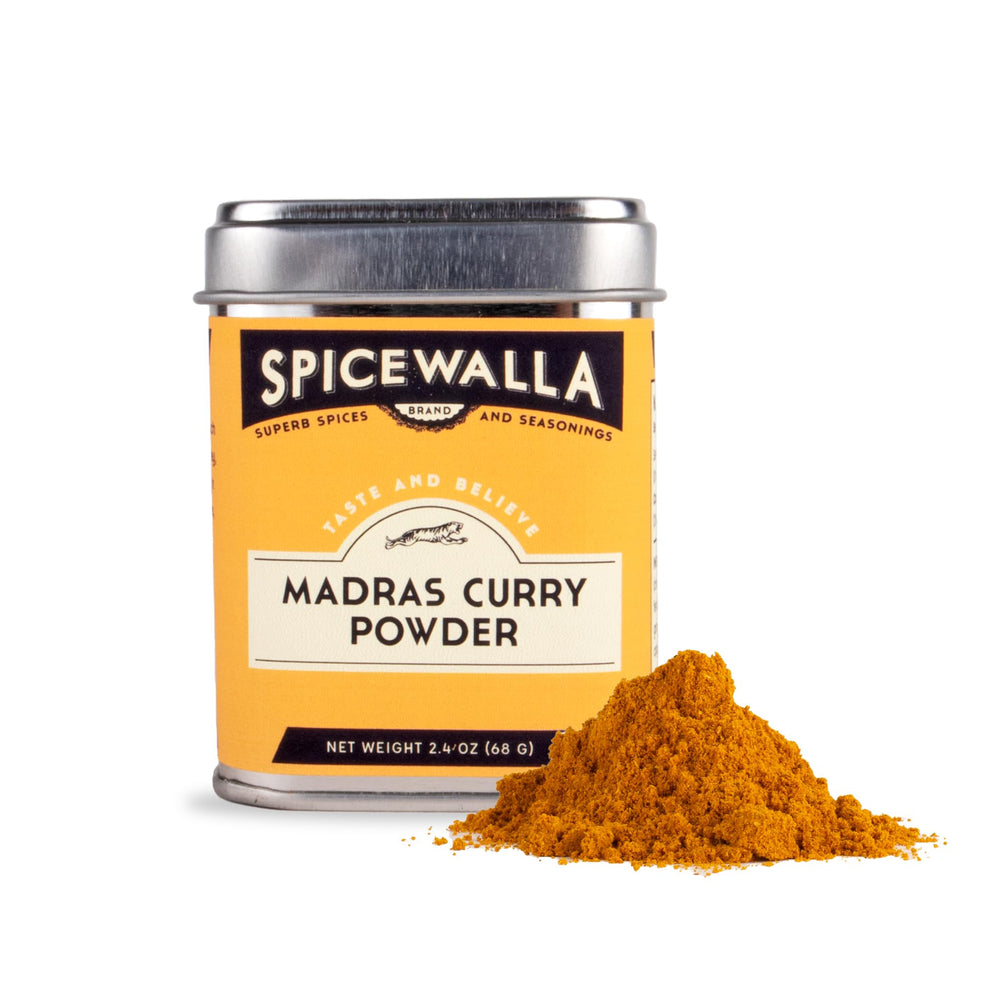 SPICEWALLA envase frontal Madras Curry mostrando etiqueta y beneficios