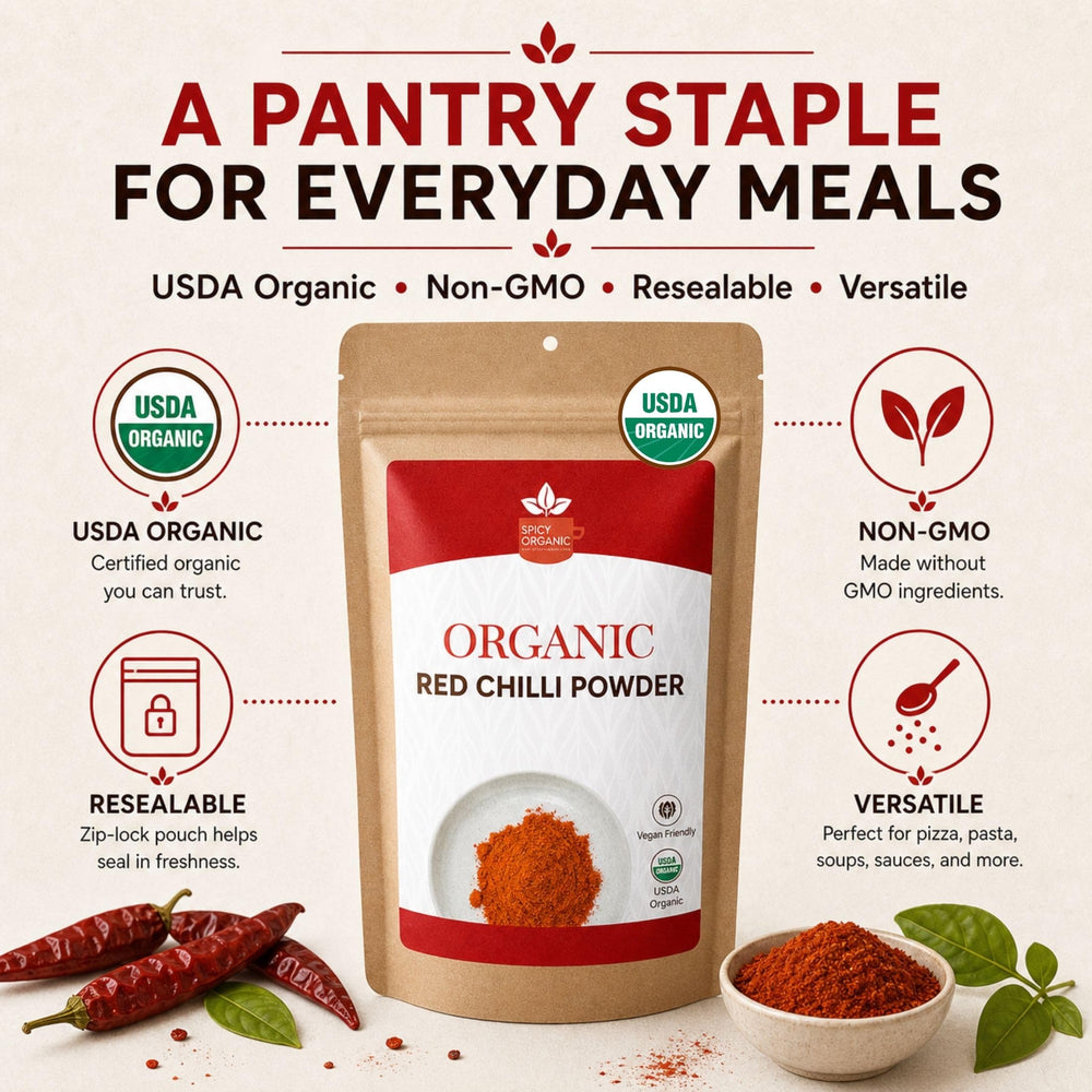 SPICY ORGANIC cucharita con porción de 5 g mostrando tamaño de servicio