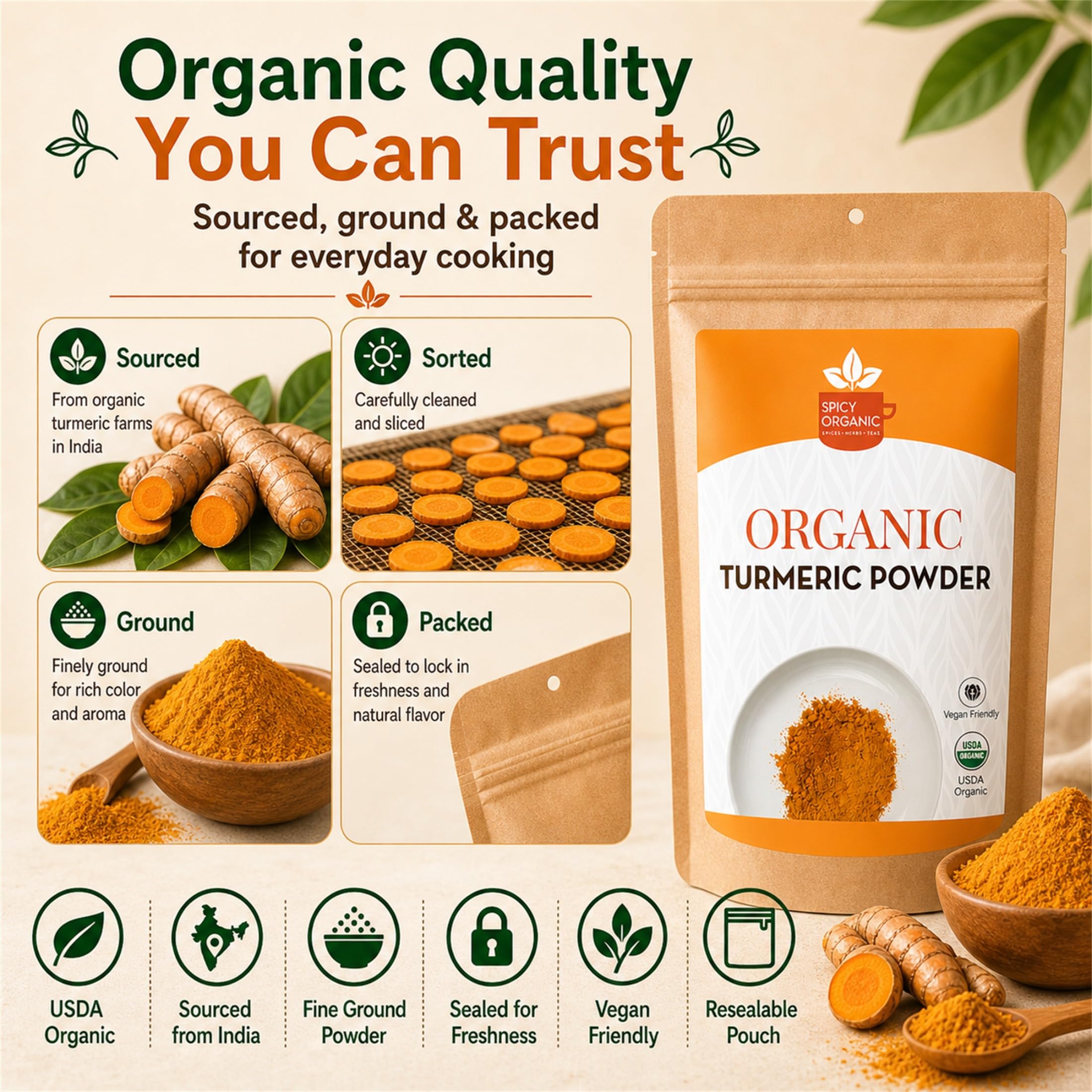 SPICY ORGANIC cierre resellable del envase que conserva frescura y aroma
