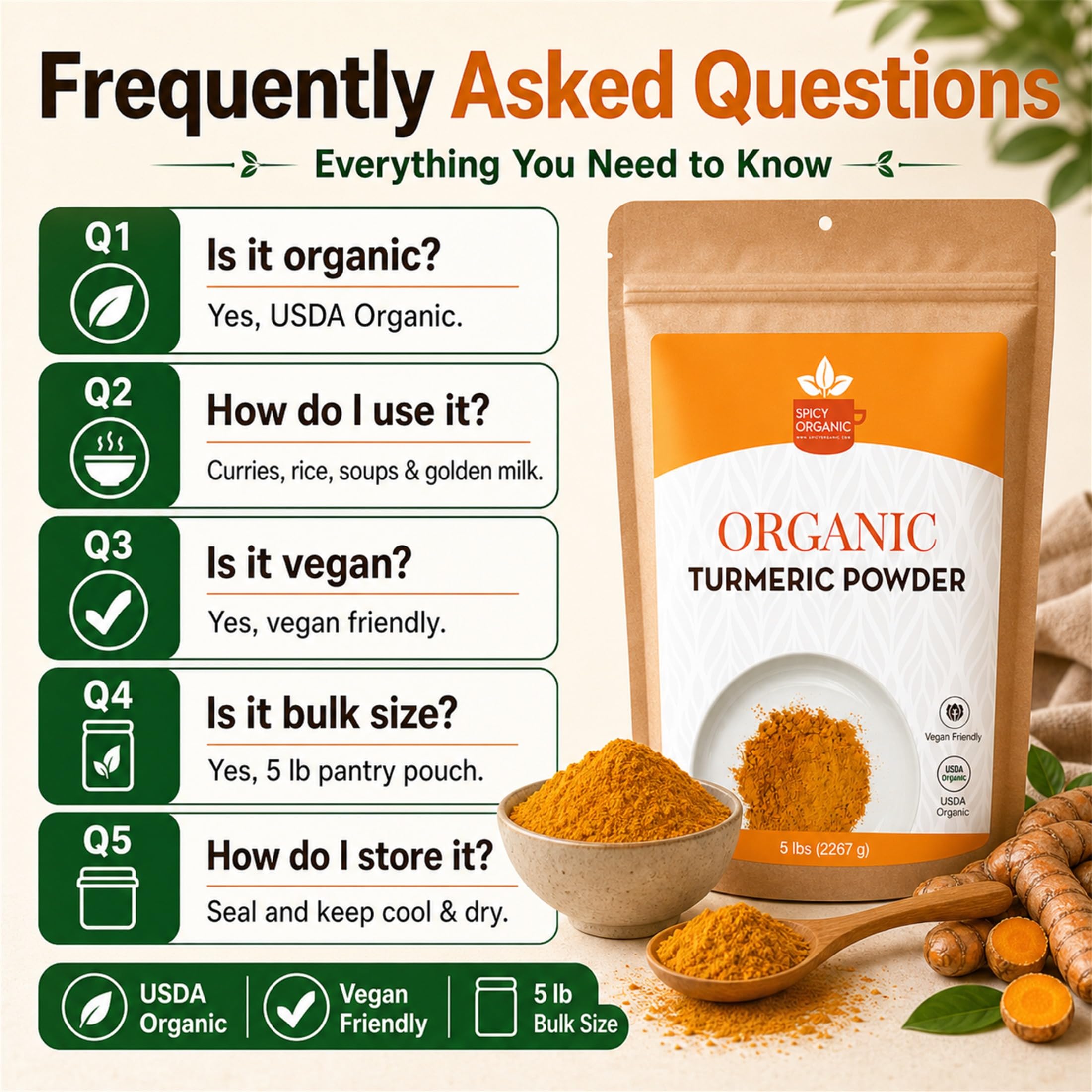 SPICY ORGANIC etiqueta con certificados USDA Organic y Non-GMO visibles