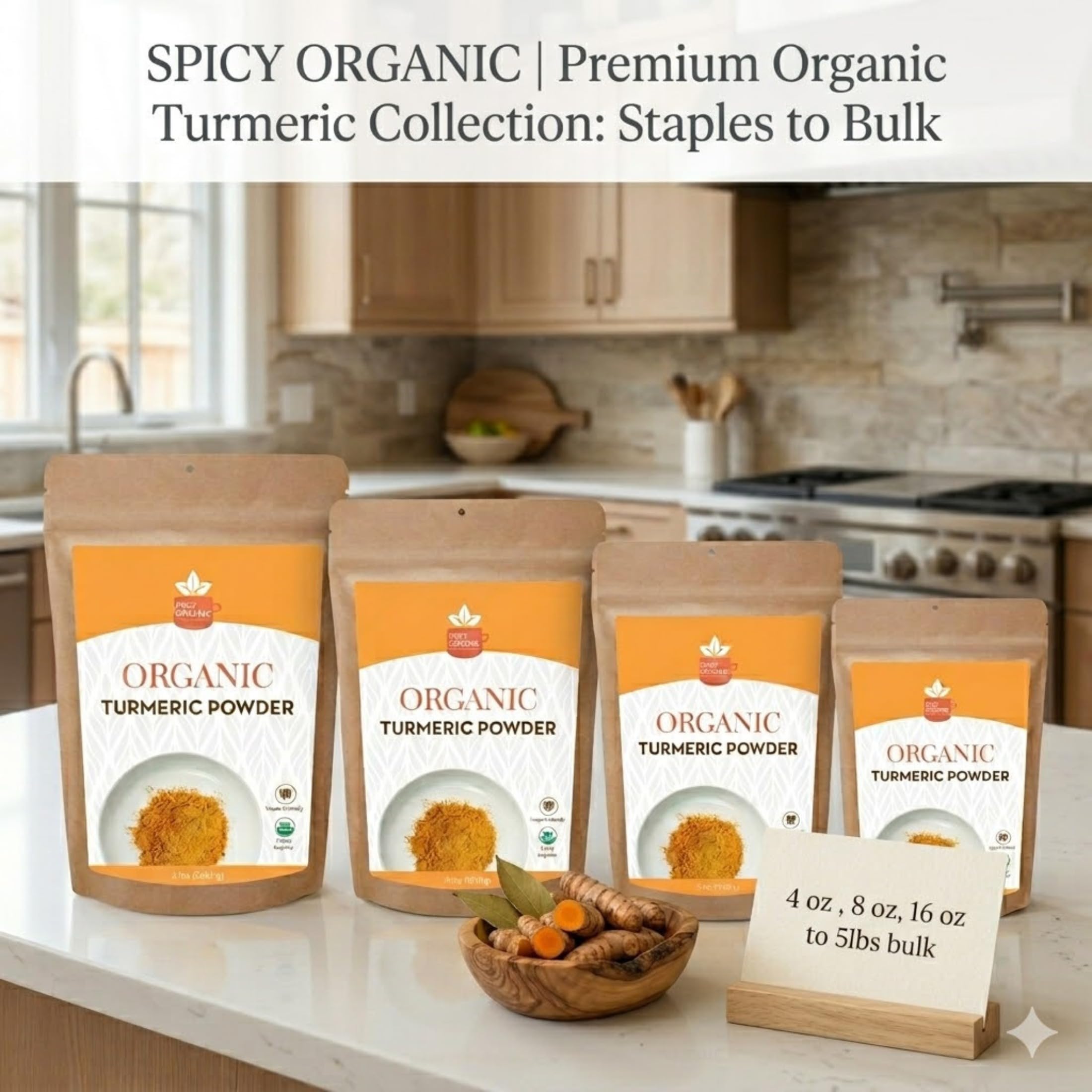SPICY ORGANIC raíz de curcuma y polvo para verificar origen y pureza