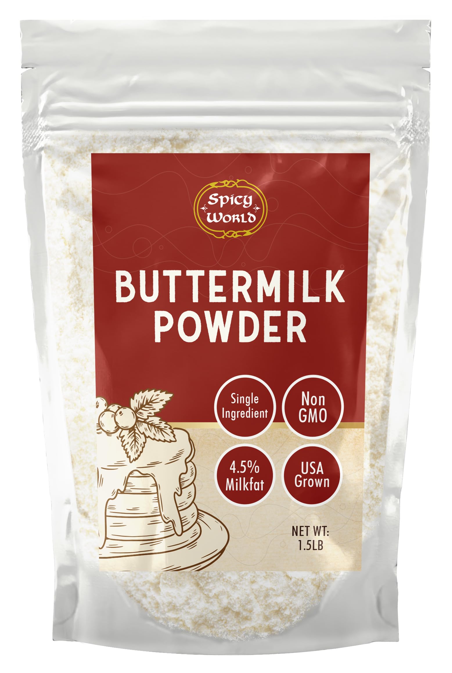Spicy World bolsa frontal mostrando el logo y el tamaño 1.5 lb, conserva frescura