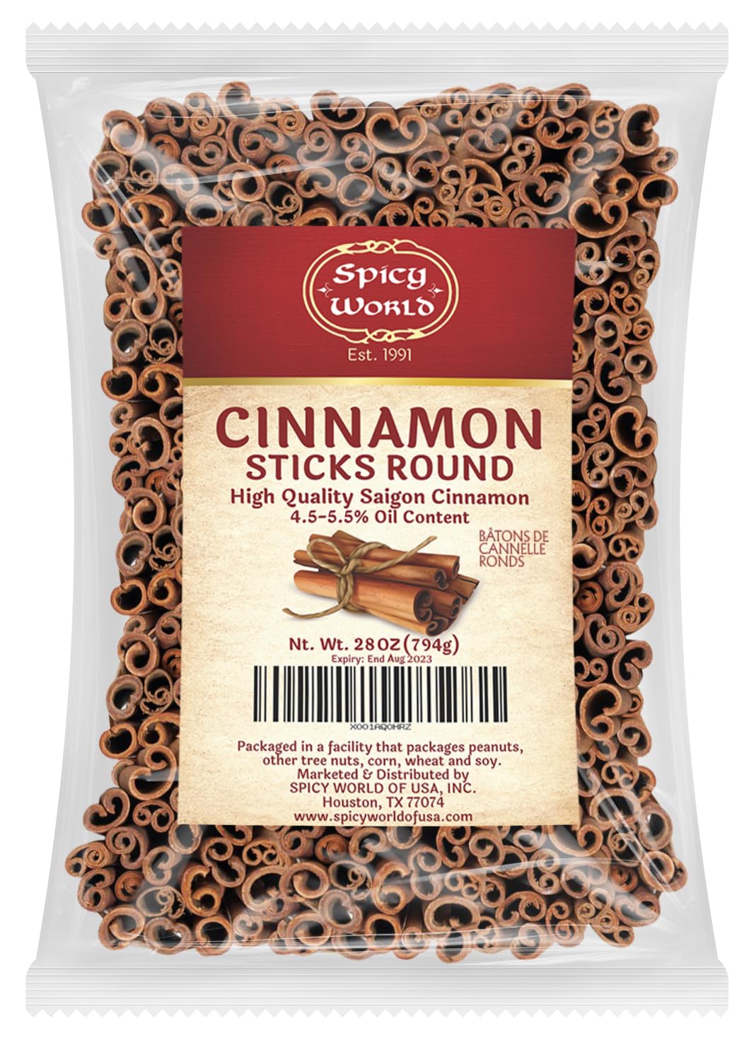 Spicy World canela en rama vista frontal con bolsa sellada y aroma intenso