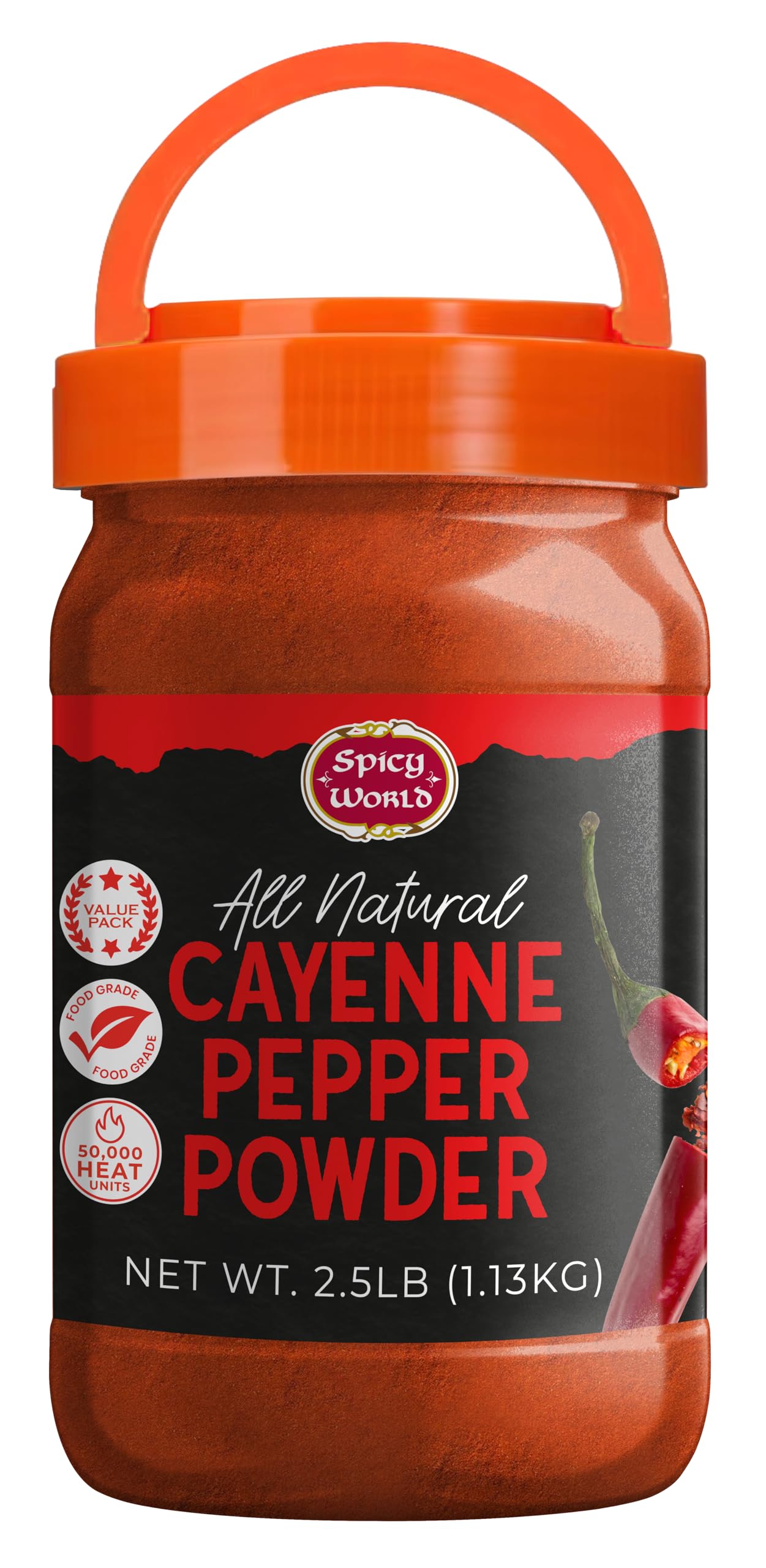 Spicy World frasco frontal mostrando 2.5 lb y beneficios de cantidad