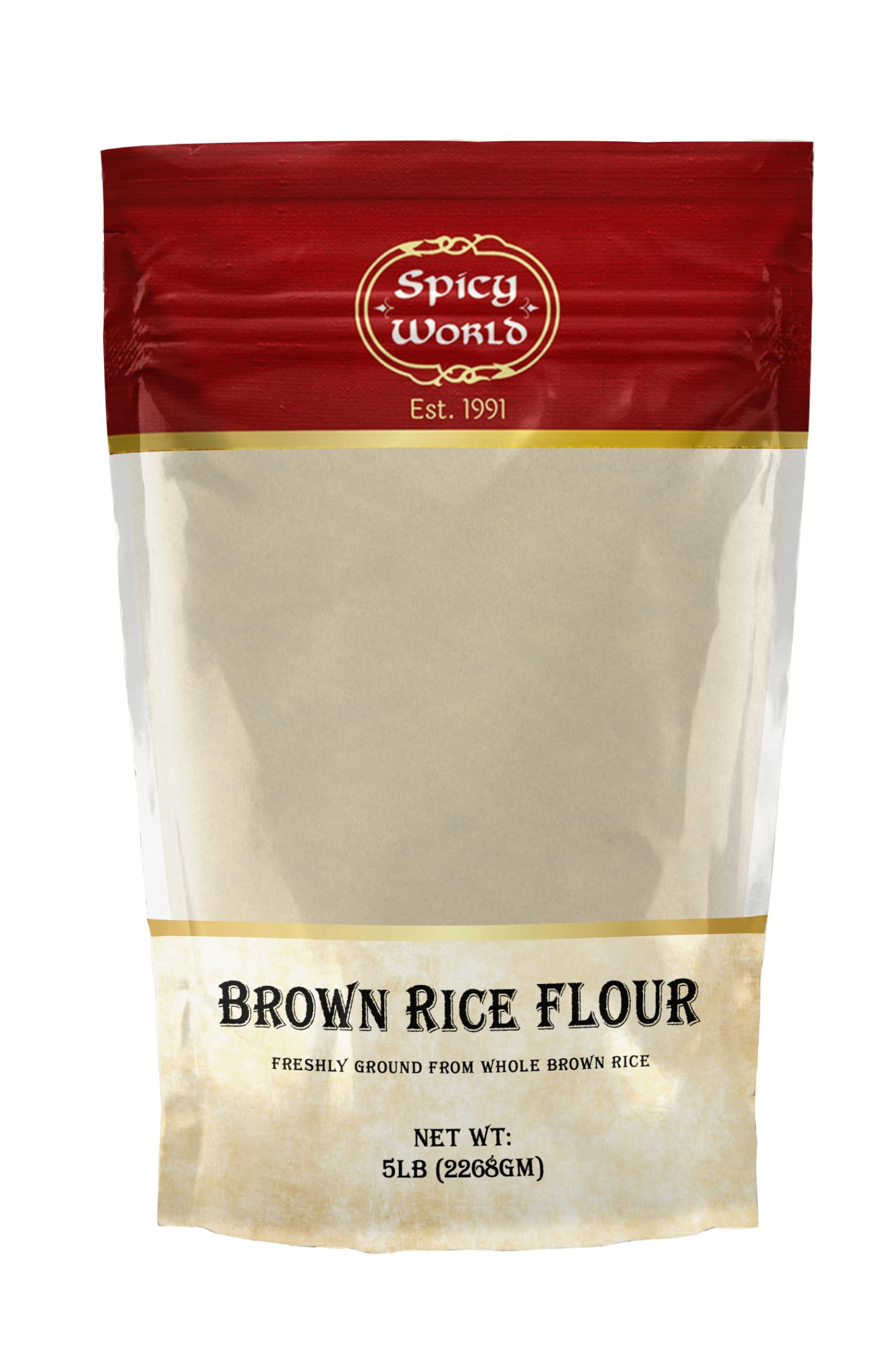 Spicy World bolsa frente mostrando 5 lb y cierre resellable, conserva frescura