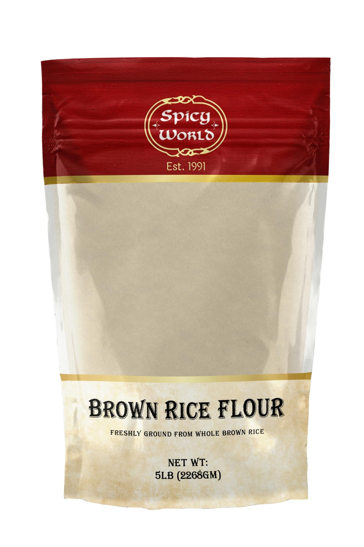 Spicy World bolsa frente mostrando 5 lb y cierre resellable, conserva frescura