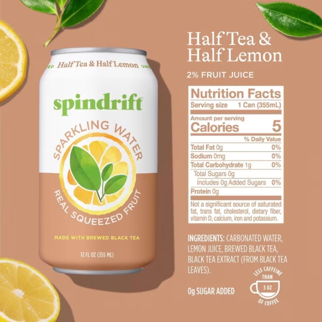 Detalle de la etiqueta Spindrift que destaca fruta exprimida real y sin azúcares añadidos
