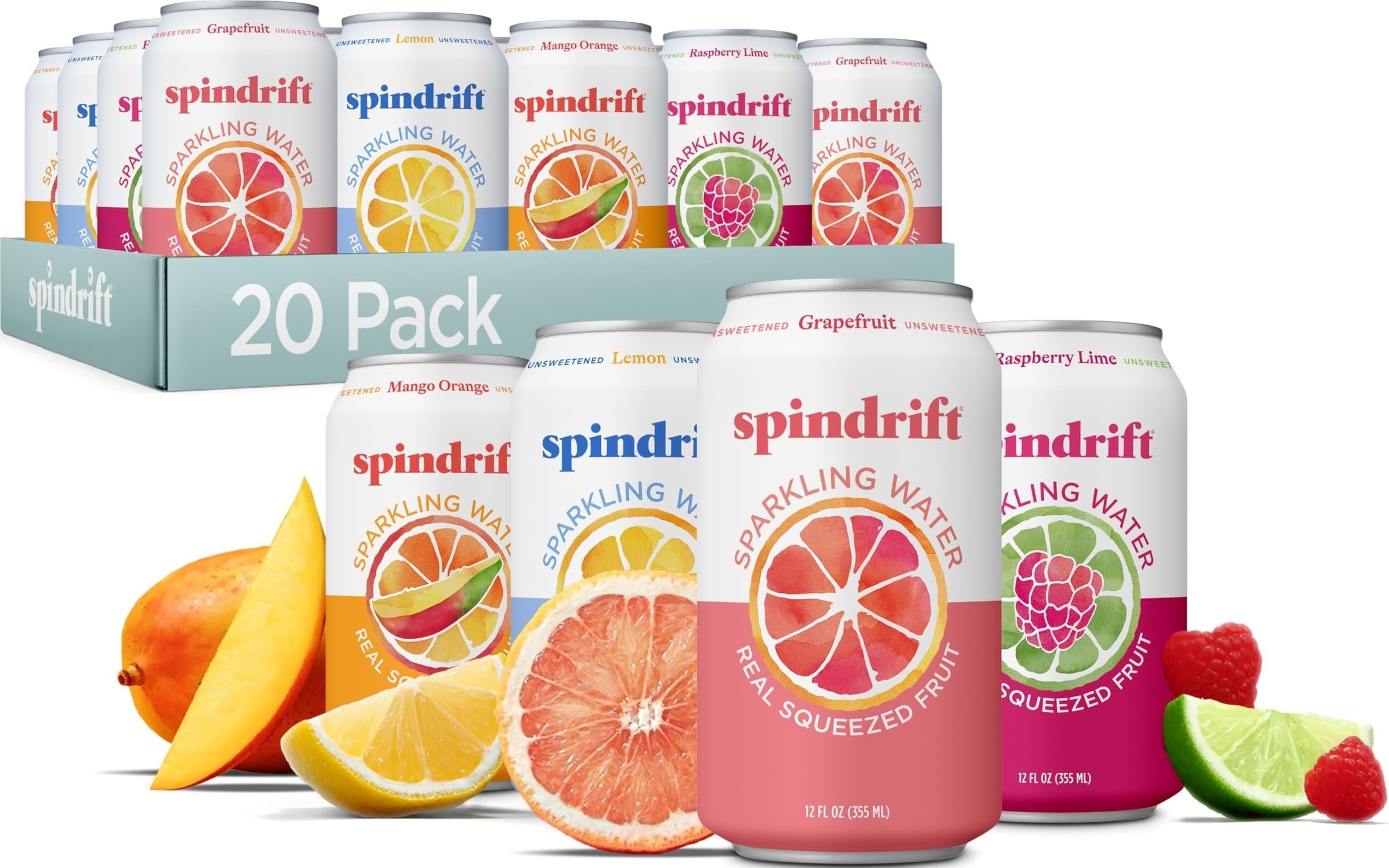 Spindrift frente del pack mostrando los cuatro sabores y variedad