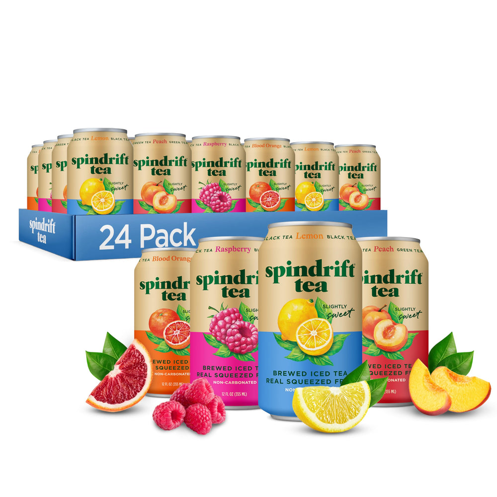 Spindrift frente del paquete variedad mostrando las 24 latas con etiqueta clara y atractiva