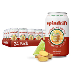 Spindrift lata frontal mostrando diseño y sabor Ginger Lime Mule, refresca al instante