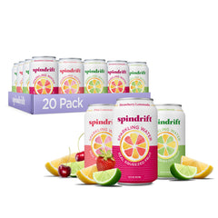 Spindrift pack frontal con 20 latas mostrando variedad de sabores y conveniencia