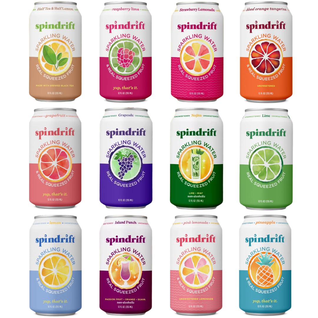 Spindrift pack frontal mostrando las 12 latas y variedad de sabores para elegir