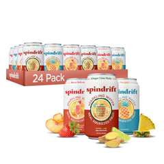 Spindrift pack variedad frente mostrando latas y beneficios de fruta real