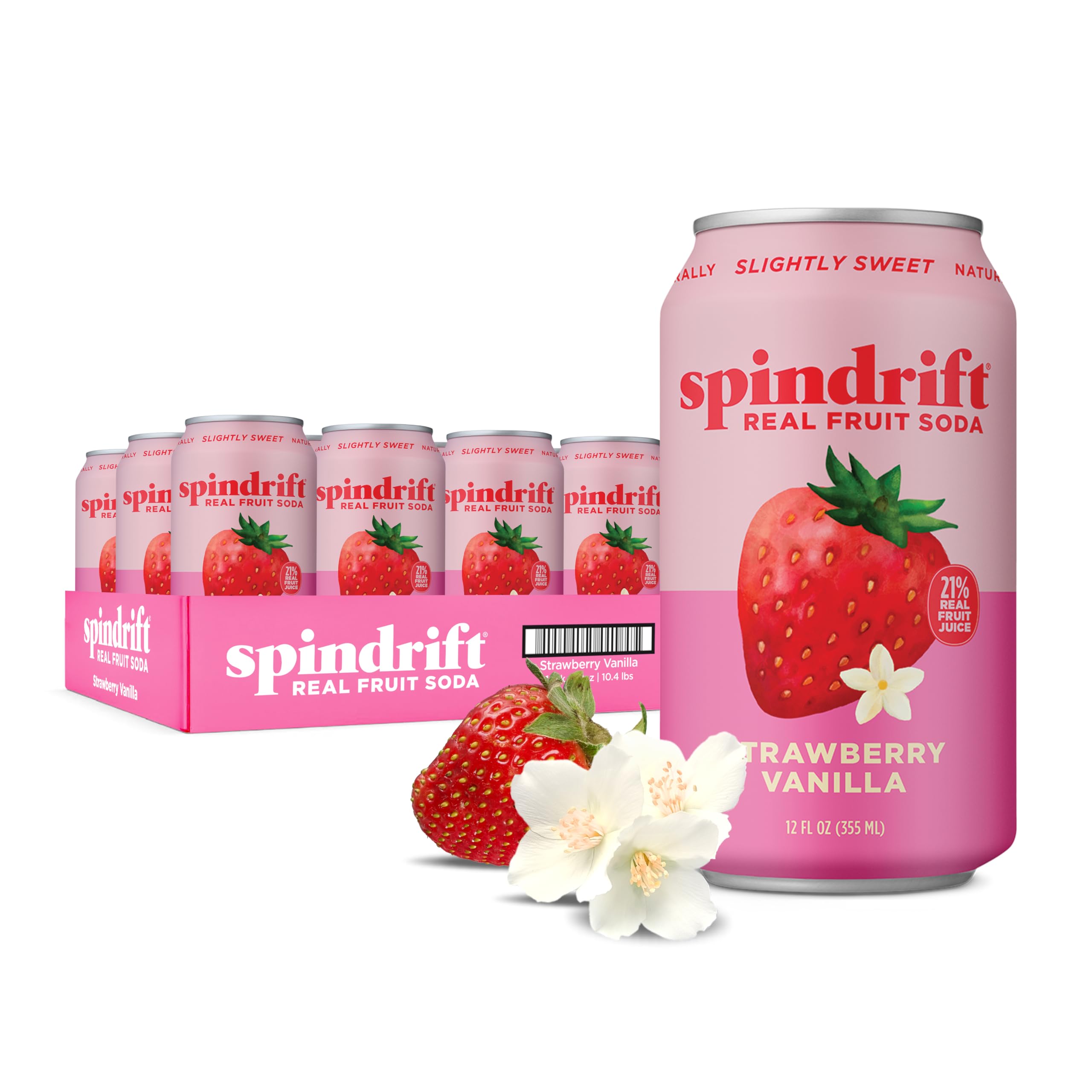 Spindrift lata frontal mostrando diseño y sabor Strawberry Shortcake, atractivo natural